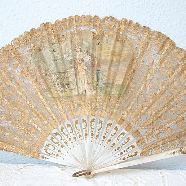Antique Victorian Lace Hand Fan with Mother-of-Pearl Handle, Hand Painted Woman in Garden Scene on Silk, France