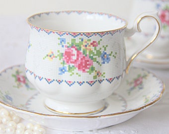 Vintage Royal Albert 'Petit Point' Gentleman Size Cup and Saucer, Forget-Me-Not and Pink Rose Decor, England