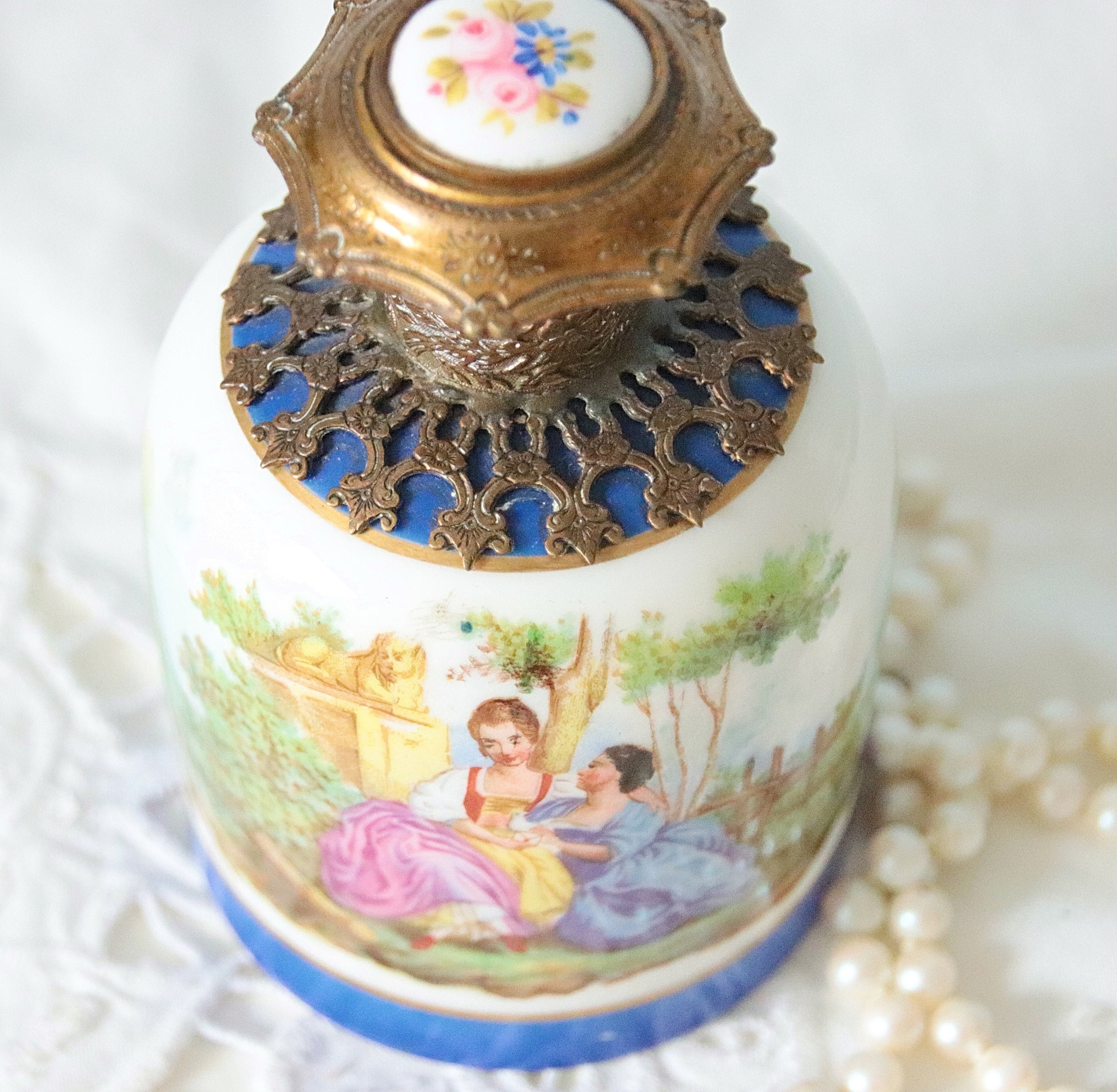 Beautiful Antique Porcelain Perfume Bottle with Ormolu Rim, Cap and Collar, Romantic and Flower Decor, France