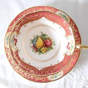Beautiful Vintage Paragon &#39;Chatsworth&#39; Red Teacup and Saucer, Gold Scrolls and Fruit Decor, England