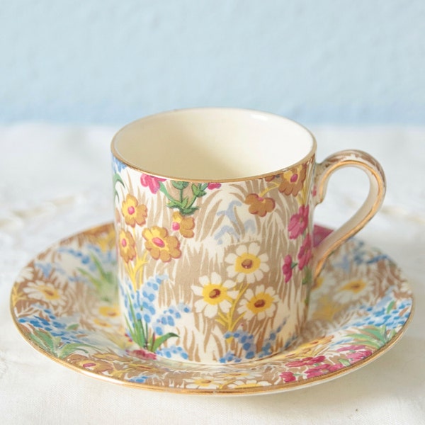 Hard to Find Vintage Royal Winton Small Coffee Cup and Saucer, Chintz Flower Pattern 'Marguerite', Gold Trim, England