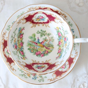 Op de afbeelding: Een vintage theekop en schotel set. De witte porseleinen kop en schotel hebben een levendig vogel- en bloemmotief. De randen zijn afgewerkt met goud en een dieprode rand. De kop heeft een delicate handgreep.