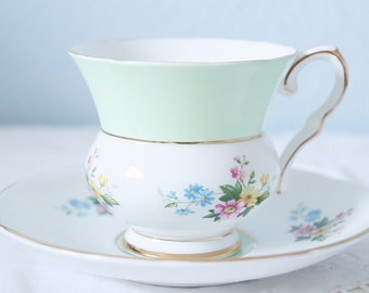 Vintage Royal Stafford Bone China Cup and Saucer, Duo Color Cup, Flower Decor, England