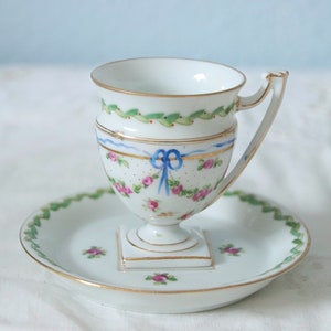 Hard to Find Antique Empire Demitasse Size Cup and Saucer, Hand Painted Pink Roses, Leaf Garlands and Blue Bows