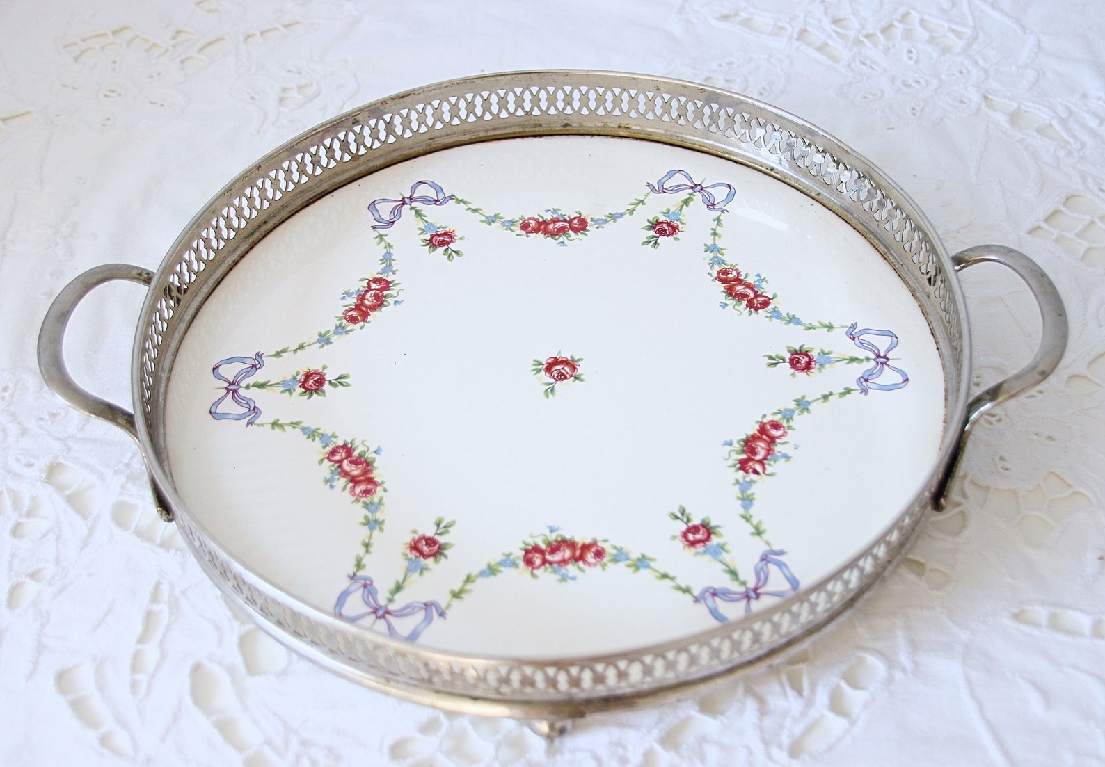 Hard to Find Antique Porcelain Tray with Silver Metal Frame Etsy
