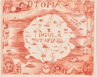 Utopia map. Fine art etching. Original Intaglio, Hand-printed. Original print. Unframed.  24 cm x 30 cm.(9,3 X 11,1 in) by Antonio Alvarez