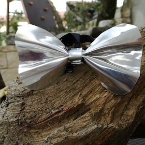 Könnte beinhalten: Eine silberne Fliege aus Metall mit einem schwarzen Gummiband. Die Fliege liegt auf einem Stück verwittertem Holz.