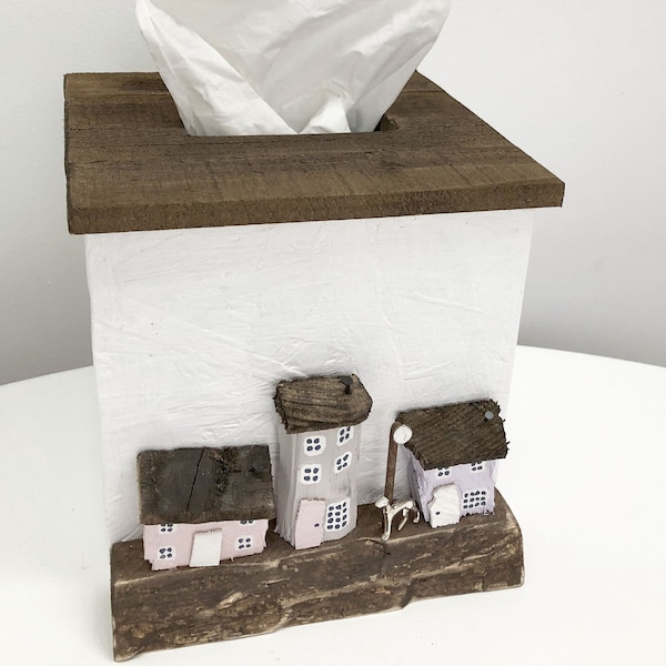 Wooden Tissue Box Cover, Choice of Dog, Cat, Horse, Cottage Box Shabby Chic Rustic House Scene, Eco 5th Anniversary Gift
