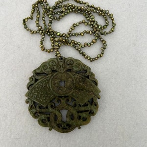 Antique Chinese Carved Jade Coin Dragon Necklace Pendant
