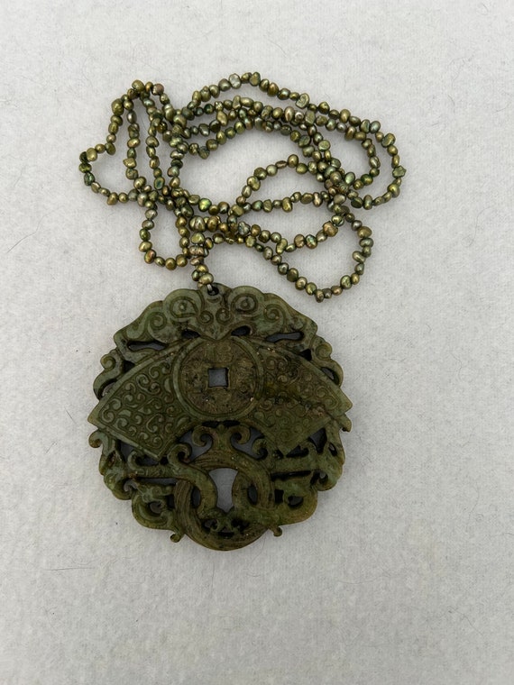 Antique Chinese Carved Jade Coin Dragon Necklace P