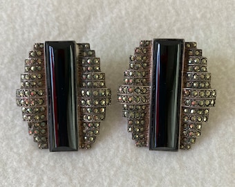 Vintage Art Deco Judith and Jack Rosenberg Marcasite Onyx Sterling Silver Designer Earrings