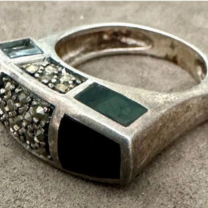 8 Gram Size 8.25 Sterling 925 Silver Marcasite Onxy Statement Ring