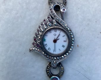 Antique Sterling Silver Marcasite Amythest Swan Wrist Watch Womens