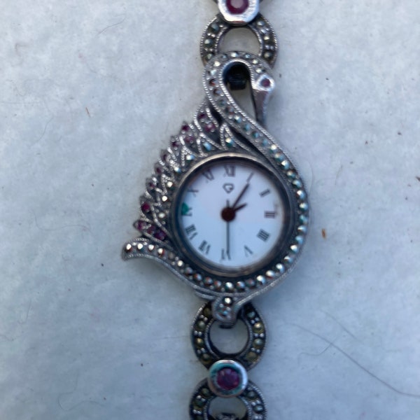Antique Sterling Silver Marcasite Amythest Swan Wrist Watch Womens
