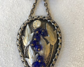 Victorian Style Vintage Silver Tone Rhinestone Cobalt Bead Hanging Brooch Pin