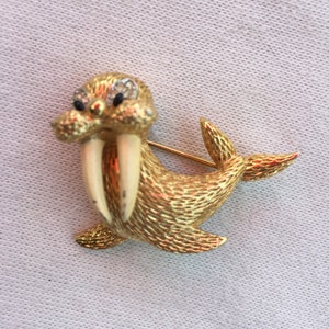 Vintage Gilt Rhinestone Enamel Jomaz Joseph Mazer Walrus Brooch Pin