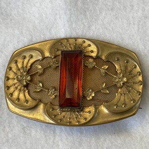 Antique Victorian Art Nouveau Gold Mesh Amber Topaz Brooch image 1