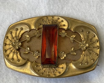 Antique Victorian Art Nouveau Gold Mesh Amber Topaz Brooch