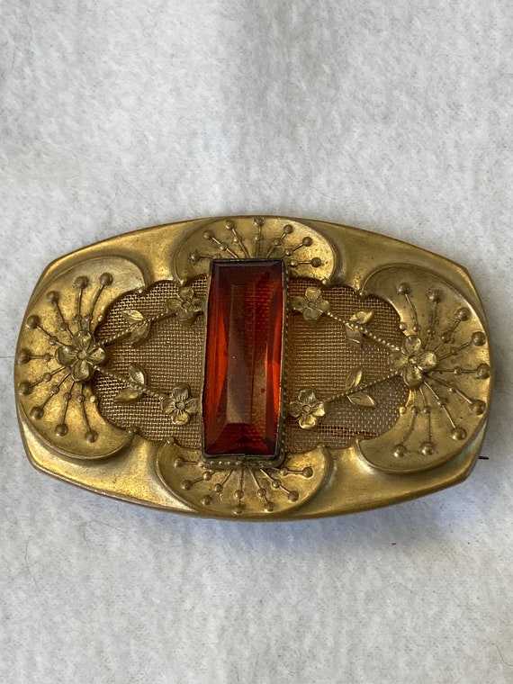 Antique Victorian Art Nouveau Gold Mesh Amber Top… - image 1