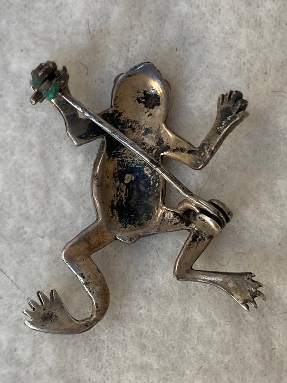 Vintage Silver Marcasite Rhinestone Frog Brooch P… - image 2