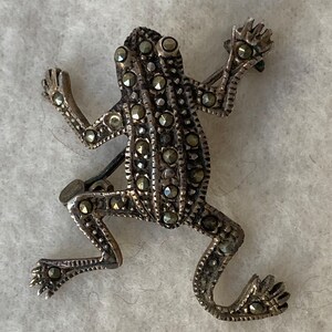 Vintage Silver Marcasite Rhinestone Frog Brooch Pin