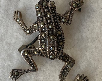 Vintage Silver Marcasite Rhinestone Frog Brooch Pin