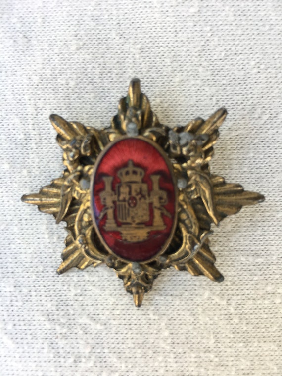Antique Imperial Russian Crest Red Enamel Bronzed Brooch Pin