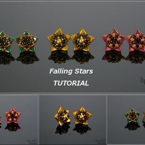Puede incluir: Pendientes de cuentas en forma de estrella en verde, dorado y rosa, con un grupo central de cuentas. Los pendientes se muestran sobre una superficie reflectante. También se ve el texto "Falling Stars TUTORIAL".