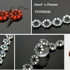 Puede incluir: Un tutorial de joyería de cuentas para hacer un collar y aretes con el título "Tutorial de la Flor del Diablo". El collar y los aretes están hechos con cuentas plateadas, negras y azules. Los aretes tienen cuentas rojas y negras.