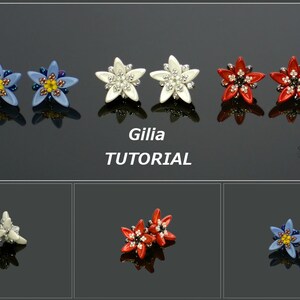 May include: Three pairs of beaded flower earrings in white, blue, and red. The earrings are displayed on a black surface with the text "Gilia TUTORIAL" and "Spirala Beading" in the center.