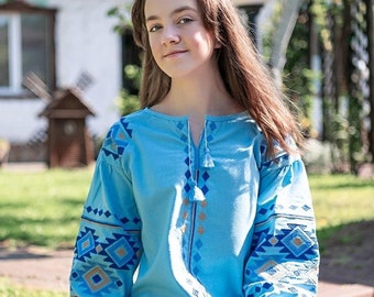 BLUE Embroidered blouse for girls 7-16  years, linen natural fabric