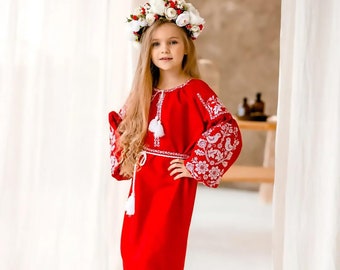 Fluffy and light dress  RED/ YELLOY  embroidered dress, dress for  little fashion-girls  (vishyvanka), for girls 6-13 years