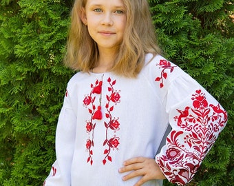 Red Embroidered linen blouse for a girl - teenager ( 12-15 years)  with tender floral Ukrainian ornament