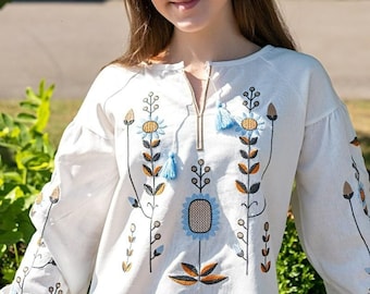 Embroidered linen blouse for a girl - teenager ( 12-15 years)  with floral Ukrainian ornament