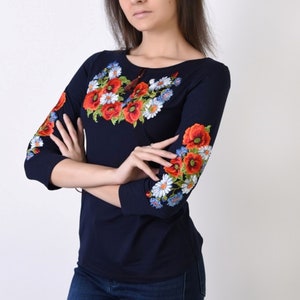 Made in Ukraine Embroidered t-shirt of flowers traditional ornament  3/4 sleeve