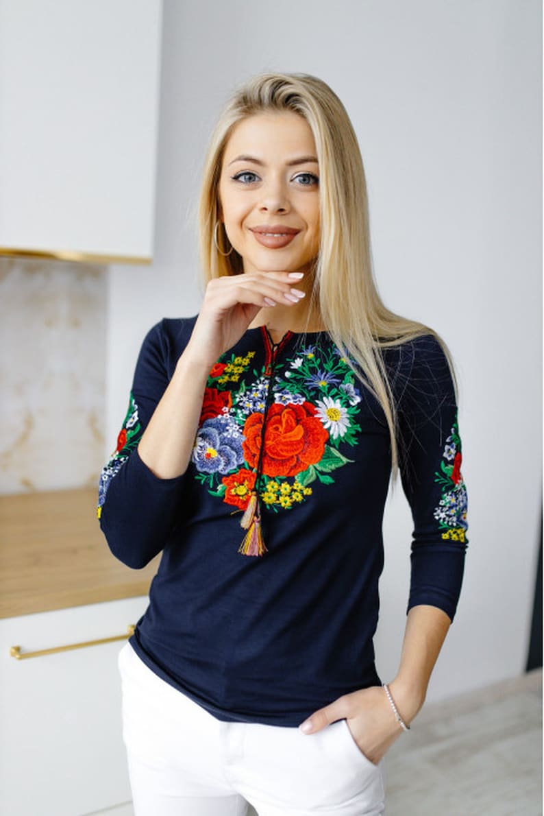 Flowered Embroidered t-shirt of bright colors and natural cotton, made in Ukraine 3/4 sleeve image 1