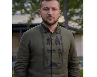 Herr Ukrainsk broderad skjorta Khaki Linne Vyshyvanka Ekbladsmönster