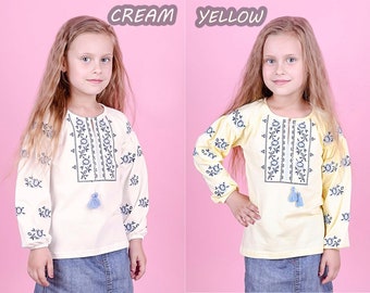 Light  cotton  embroidered Cream/Yellow  blouse for a girl  4-12 years, MADE IN UKRAINE,  best quality