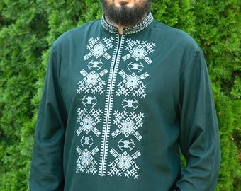 Dark Green Men’s Embroidered Linen Shirt Ukrainian Style Ethnic Vyshyvanka Stand Collar Long Sleeve Folk Outfit