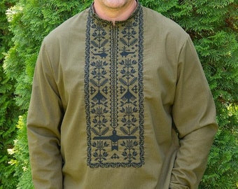 Men's  Embroidered  shirt of linen fabric from Ukraine (vyshyvanka), haki color , long sleeve