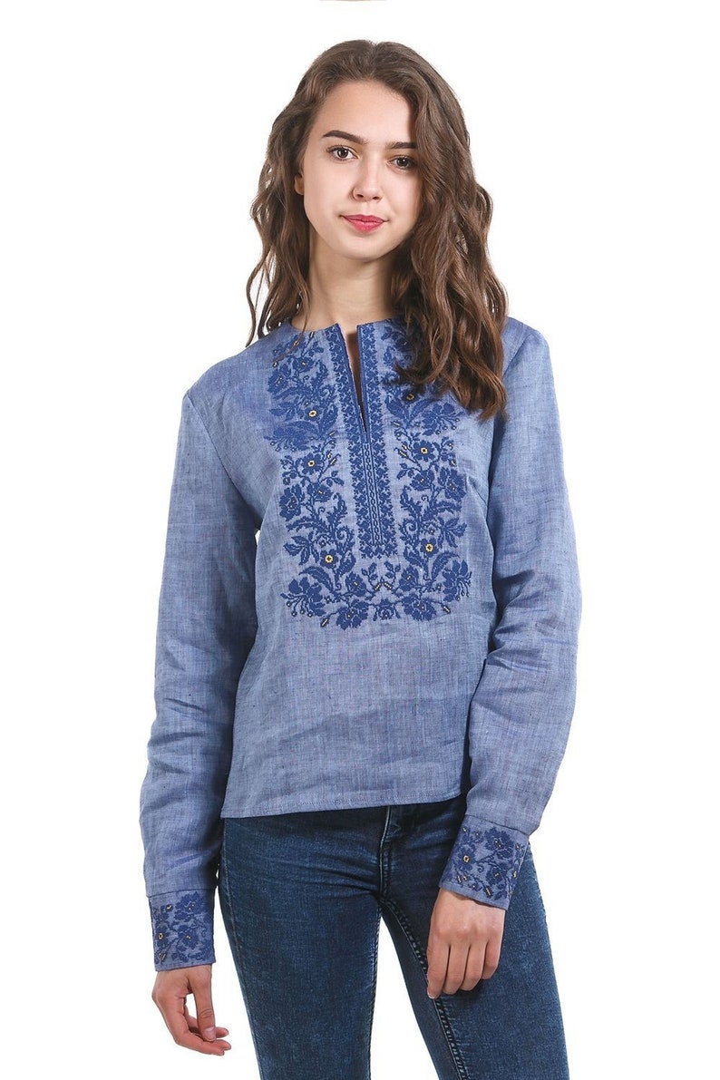 Amazing blue linen women/'s embroidered blouse from Ukraine Vishivanka