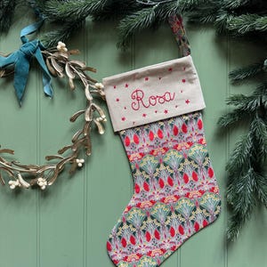 Personalised Hand Embroidered Liberty Print Christmas Stocking in Ianthe Sparkle