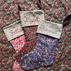 Personalised Hand Embroidered Liberty Print Christmas Stocking in Wiltshire