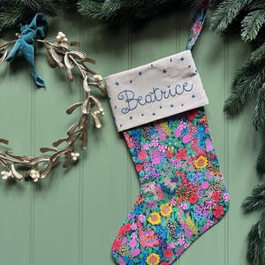 Personalised Hand Embroidered Liberty Print Christmas Stocking in Ciara