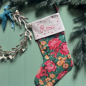Personalised Hand Embroidered Liberty Print Christmas Stockings in December Day Sparkle