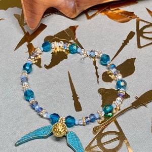Golden Snitch Charm Bracelet - Single or Set of 3 - Stretch Cord or 14k Gold Chain - Customized - Natural Gemstone Beads - Handmade Jewelry