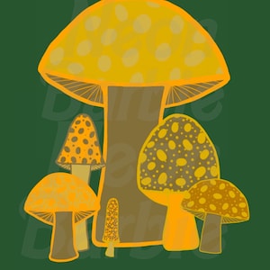 Boeket paddenstoelen - digitale kunstafdruk - doe-kaarten - direct downloaden - aanpasbaar met tekst - thuis afdrukken - groen geel oranje geelbruin