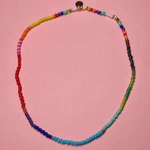 Op de afbeelding: Een kleurrijke kralenketting met een regenboogverloop van kleuren, waaronder rood, oranje, geel, groen, blauw en paars. De ketting is gemaakt van kleine, ronde kralen en heeft een goudkleurige sluiting. De ketting wordt gepresenteerd op een roze achtergrond.