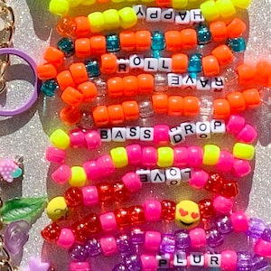 Rave Kandi Bracelets Stacks - SET OF 6 - Custom Words - Handmade Stretchy Jewelry - Mixed Beads neon PLUR Festival edm friendship trading