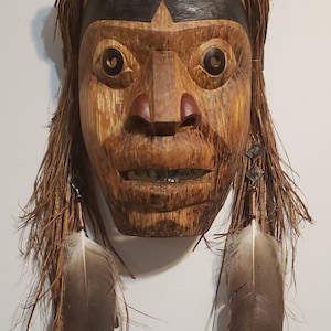 The Canoes are Arriving! - Handcarved Red Alder Mask - Artist TL'PA  - Beautiful Wood Grain - Natural Character